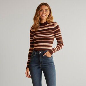 Sweater Tight Knit Mockneck Pullover Burgundy Stripe Stretch Retro Women Large